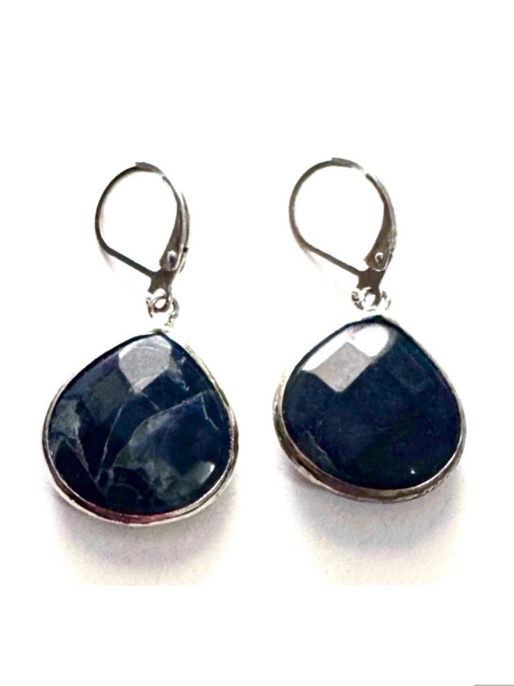 New Denim Blue Faceted Natural Stone Teardrop Dangler Earrings